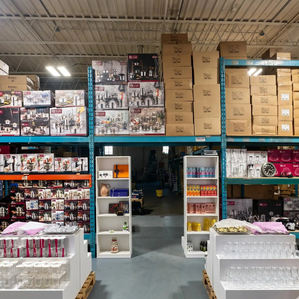 Storage warehouse with shelves stocked with boxes and products