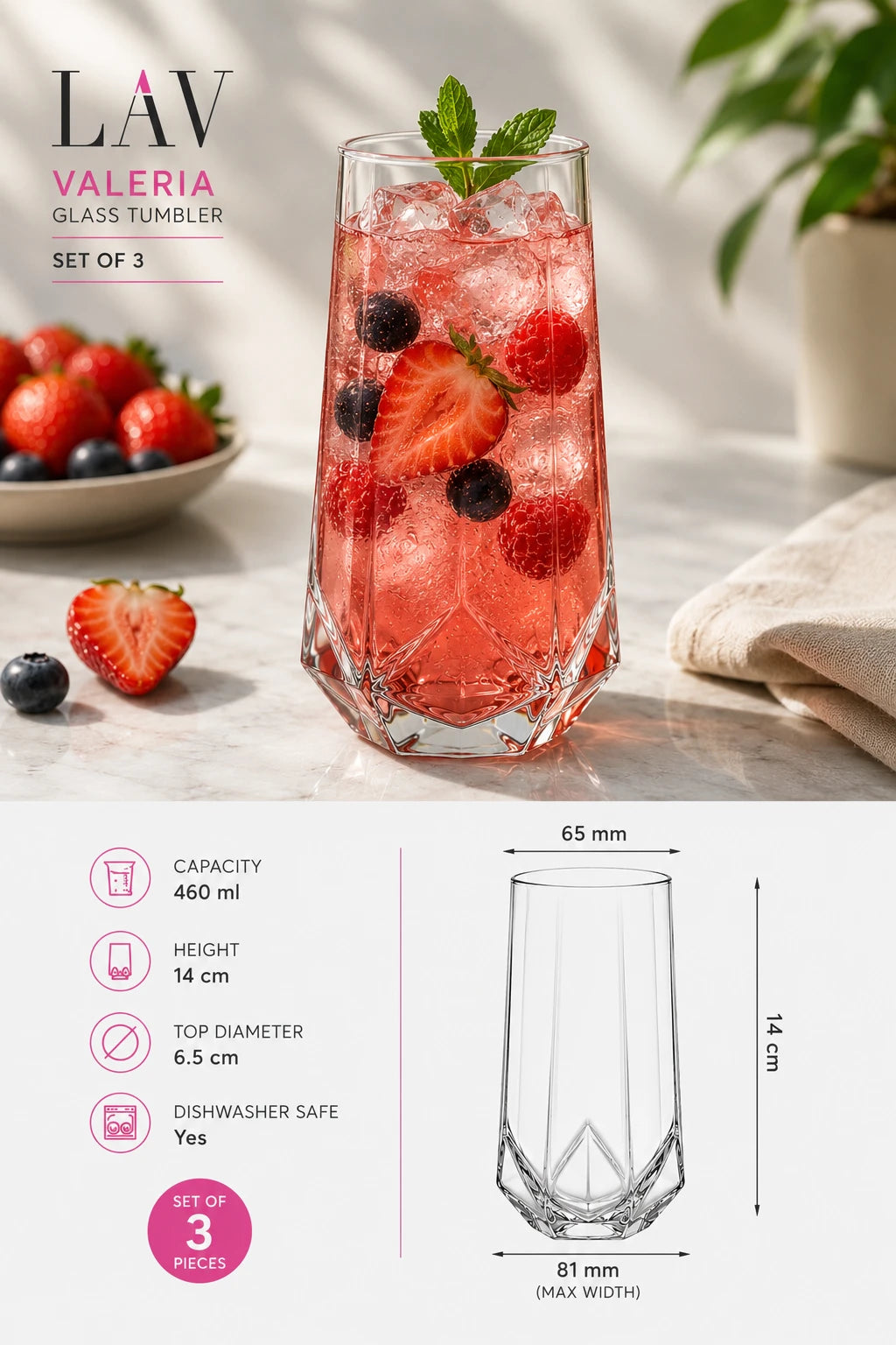LAV Valeria Long Drink Glass Set of 3 – 460 ml