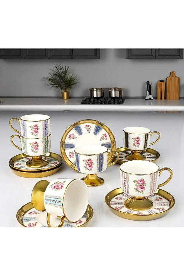 KOSOVA Harvey 6‑Person Porcelain Coffee Cup & Saucer Set (90 ml)