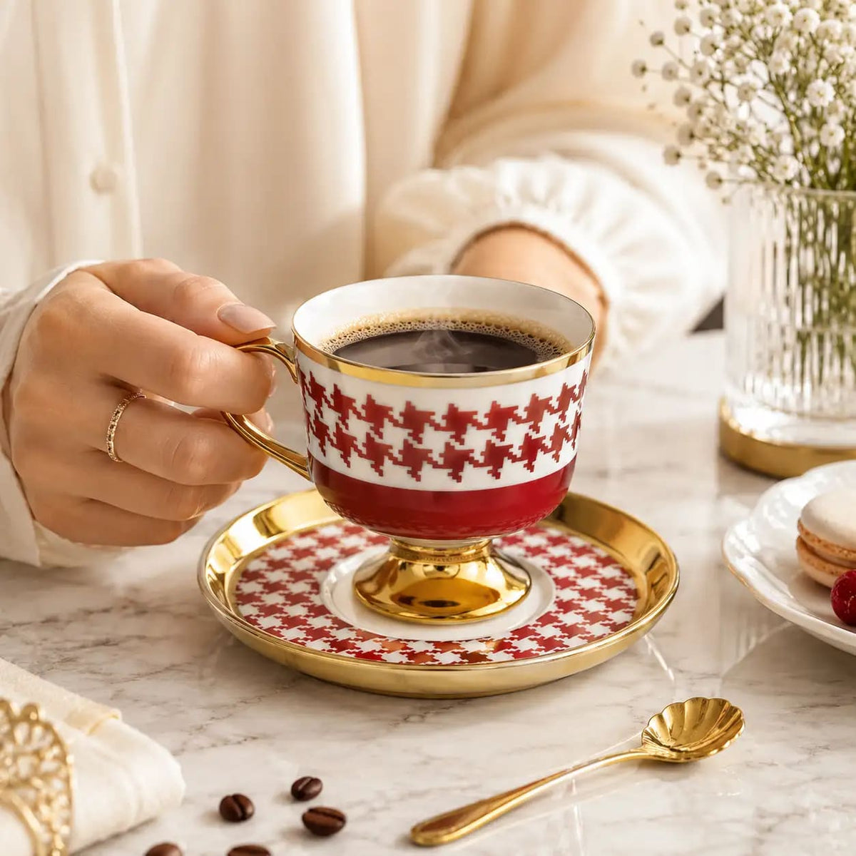 Kosova Juliet 6‑Person Porcelain Footed Coffee Cup & Saucer Set (90 ml)