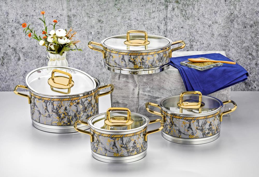 Ozlife Sedef 8 Piece Cookware Set - Yellow Decorated