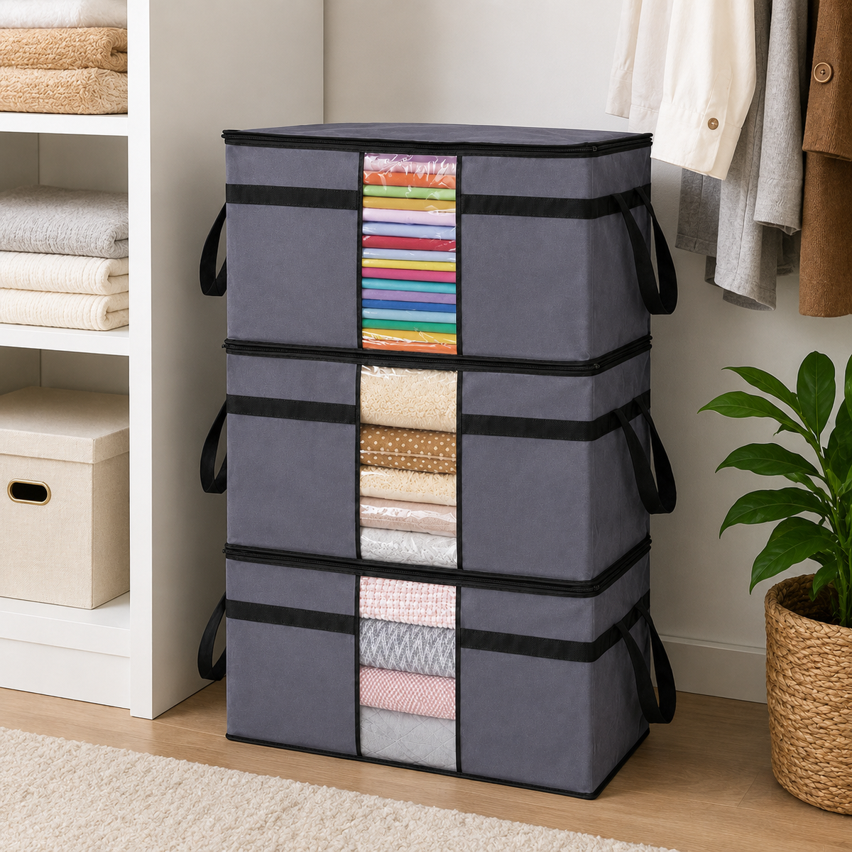 Helens 3-Piece Clear-Window Pillow Storage Set - Anthracite