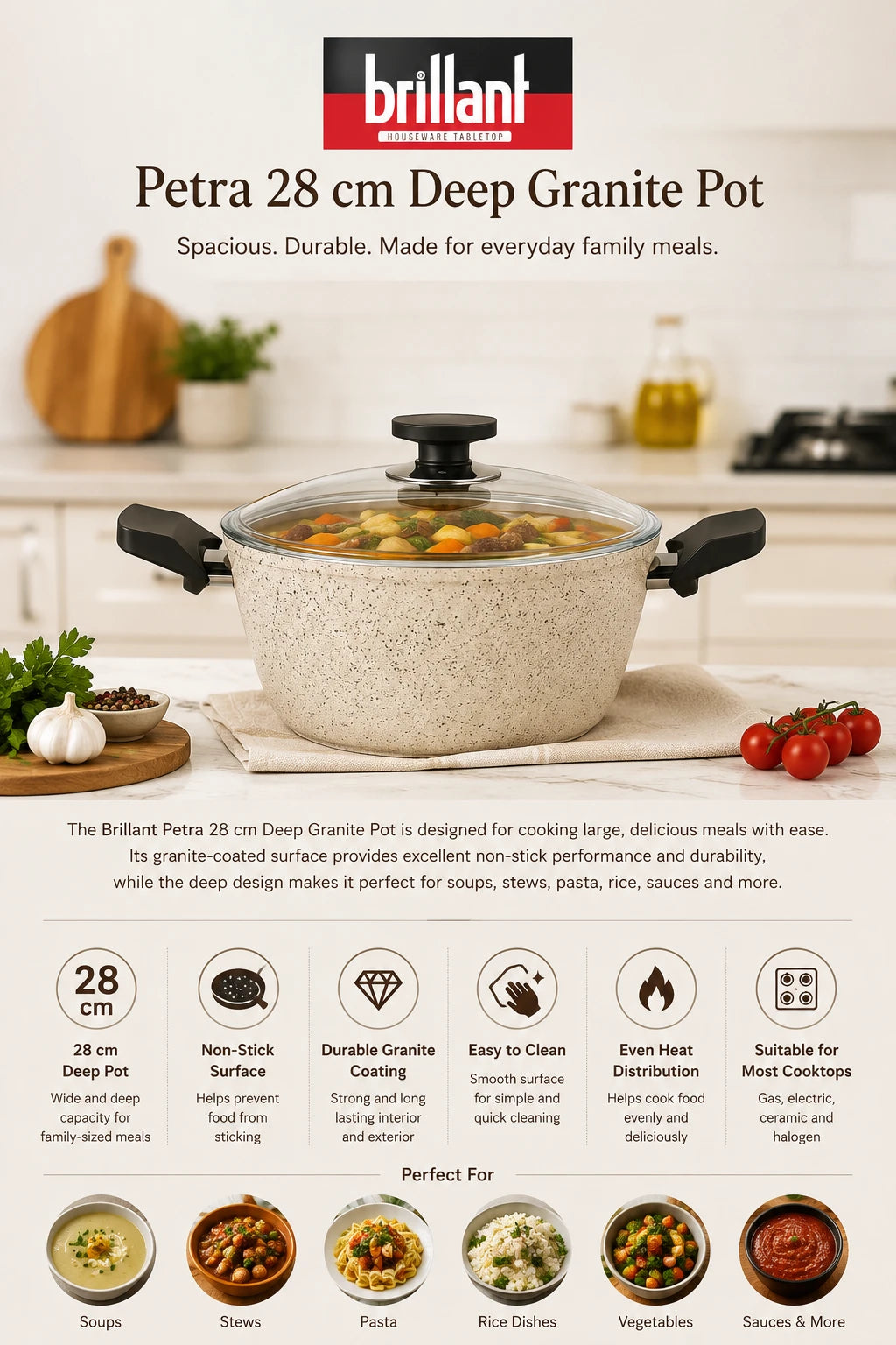 BRILLANT Petra 28 cm Deep Non-Stick Granite Pot – Cream
