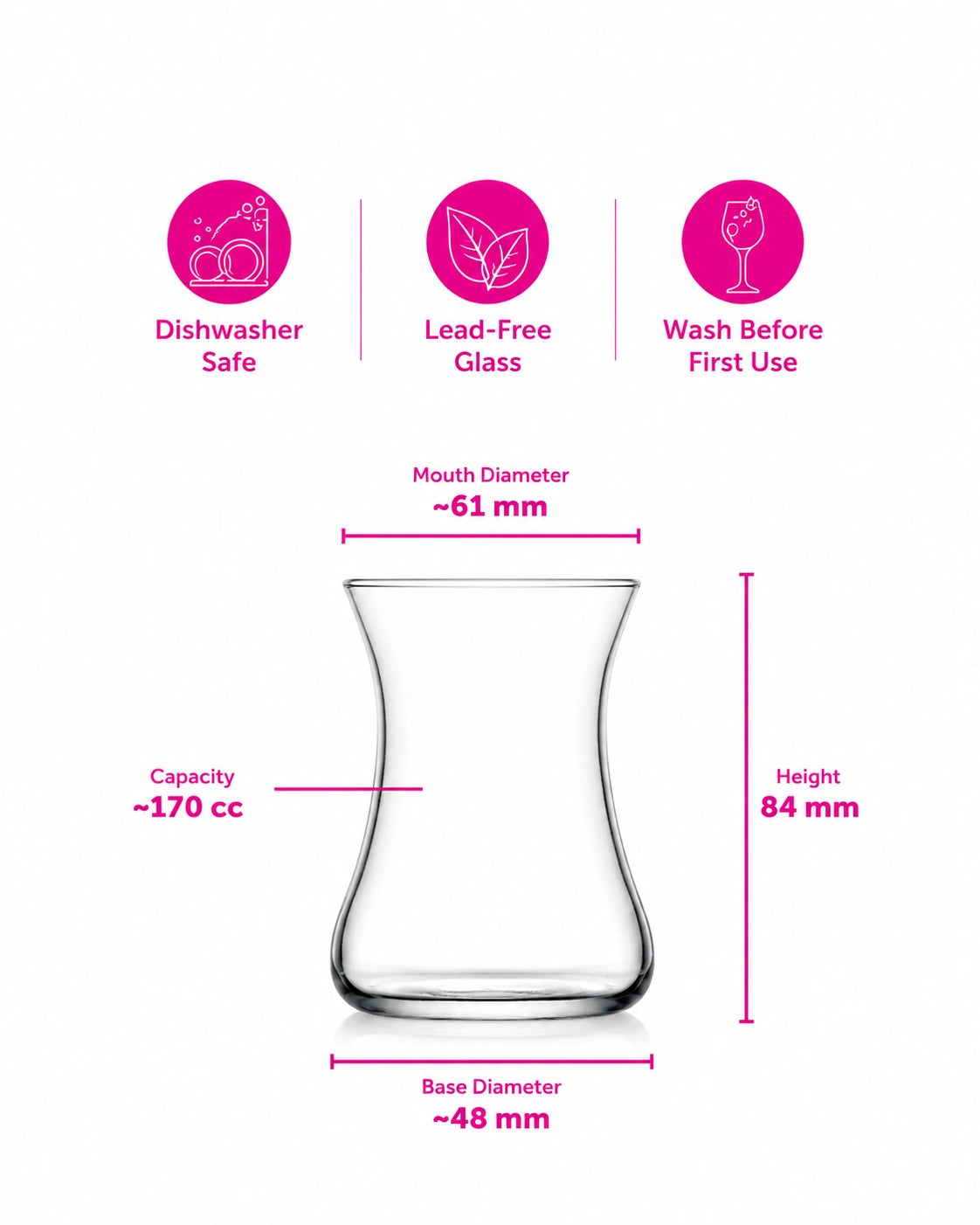 LAV Lal Turkish Tea Glasses Set of 6 – 170 ml