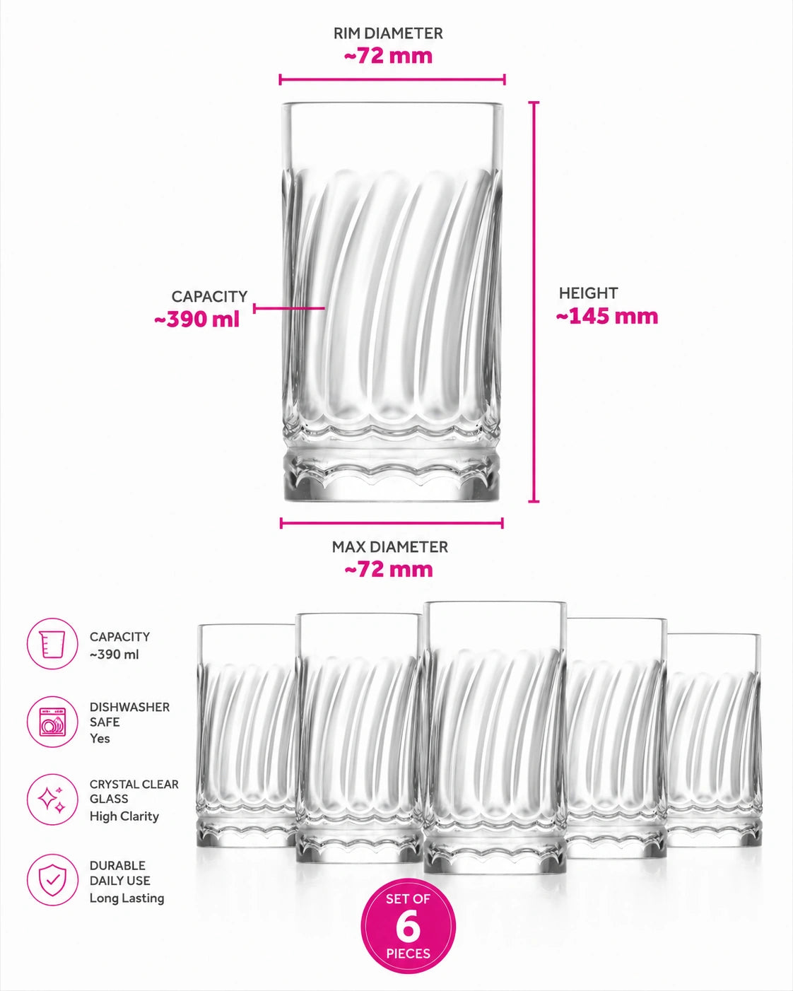 LAV Wave Glass Beverage Set of 6 – 390 ml