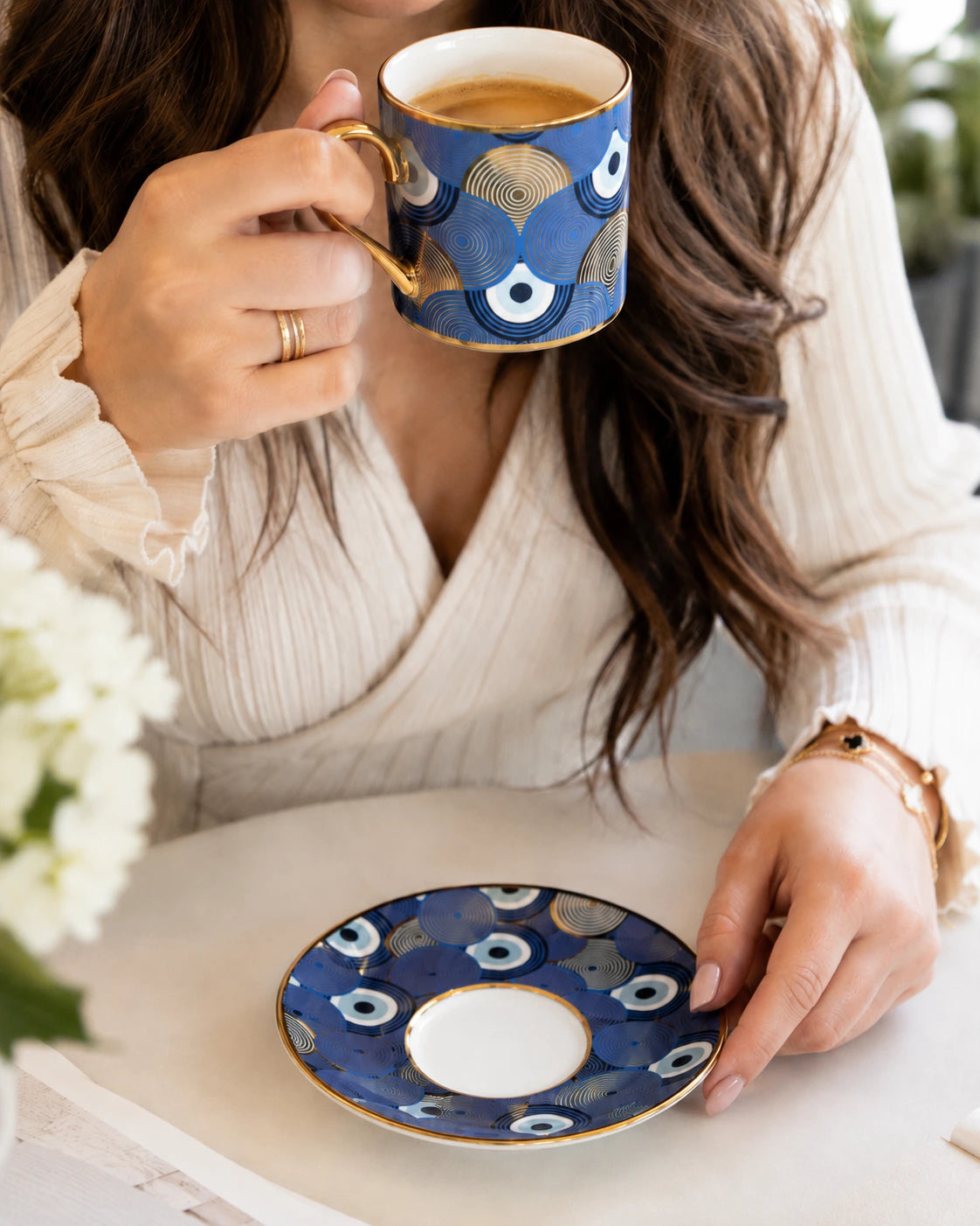 Kosova Evil Eye 6-Person Turkish Coffee Cup & Saucer Set 90ml