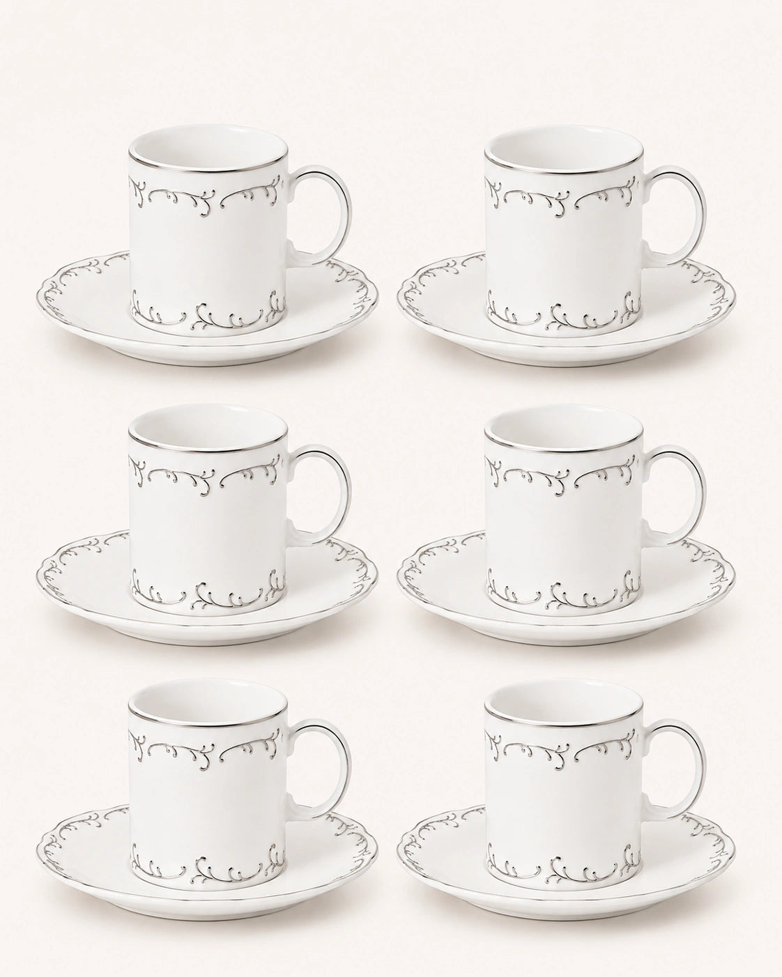 ACAR Marilla 6-Person Porcelain Coffee Cup & Saucer Set (90 ml) — Gold and Silver Variations