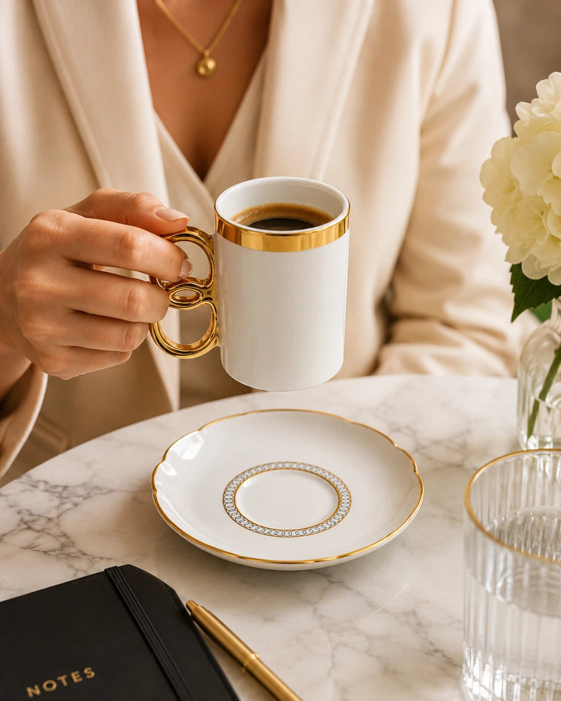ACAR Infinity 6-Person Porcelain Coffee Cup & Saucer Set (90 ml) – White or Black