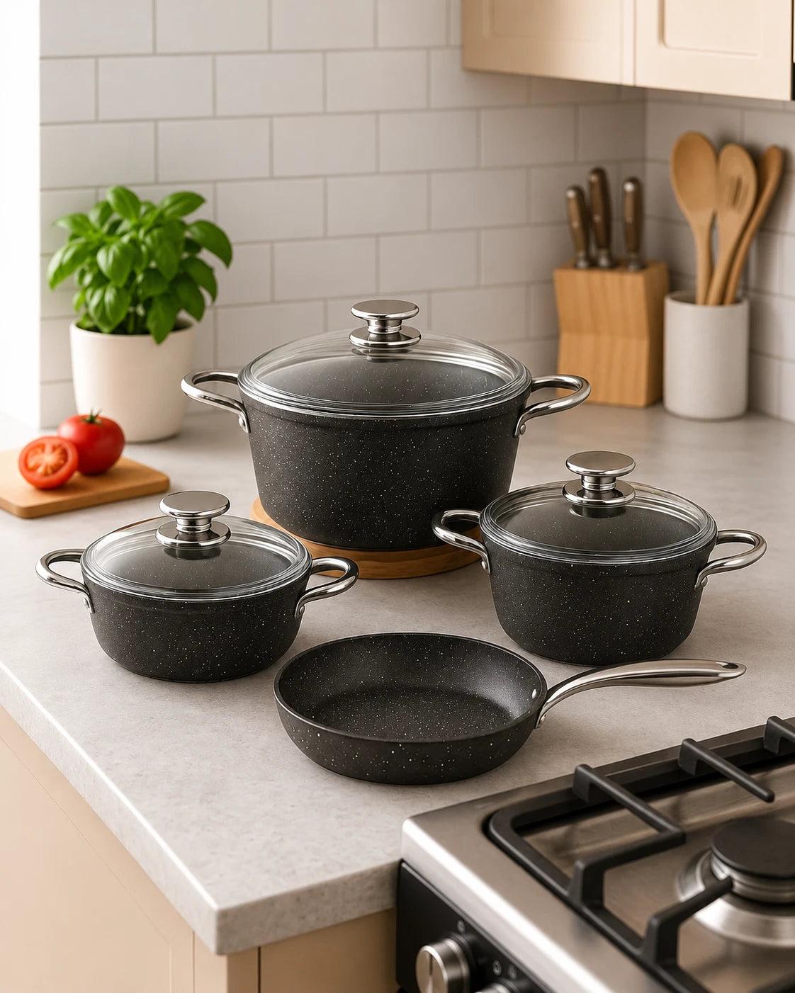 BRILLANT Stone Bio Granite 7-Piece Cookware Set – Black