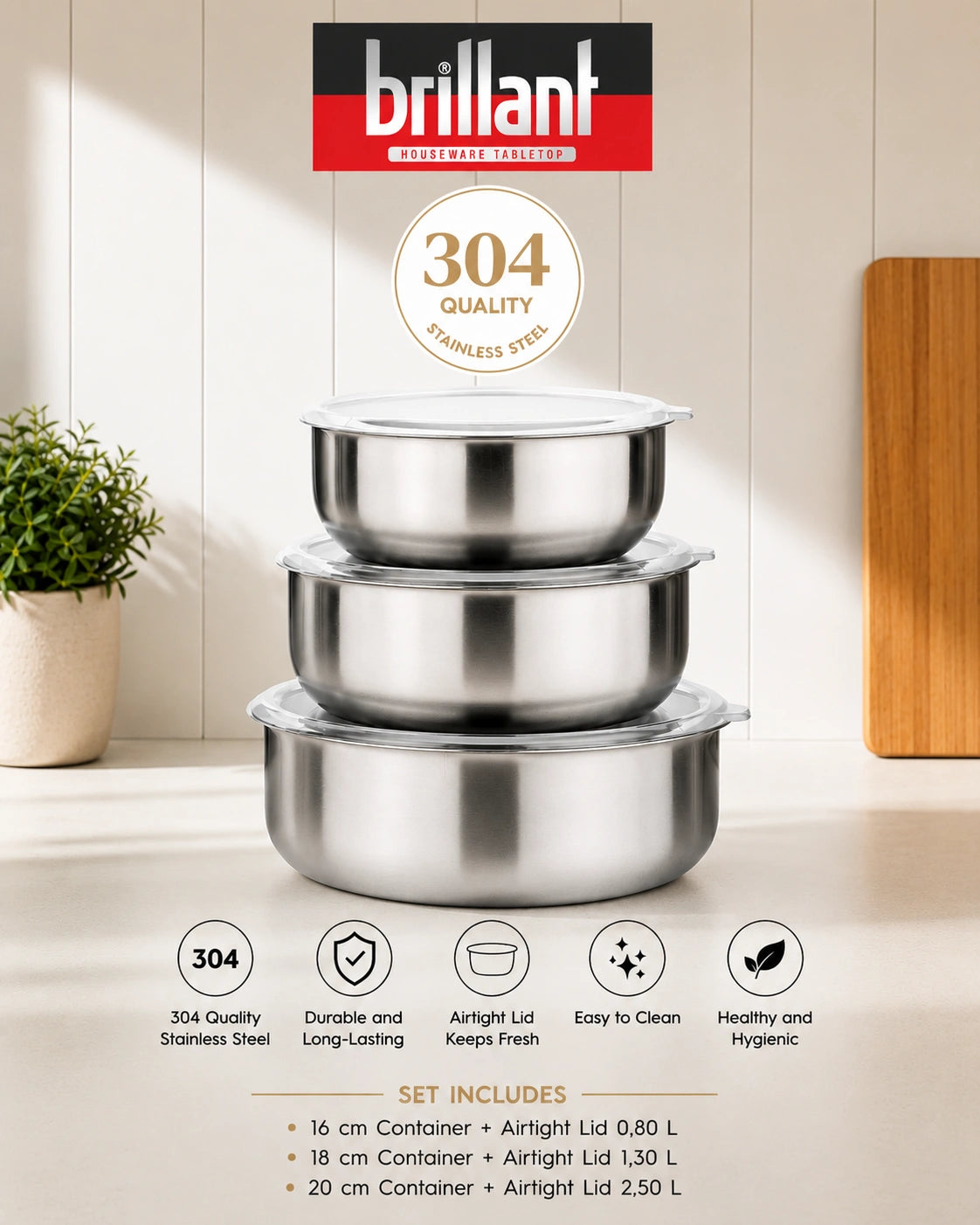 BRILLANT 6-Piece Aldip Stainless Steel Food Storage Container Set with Airtight Lids