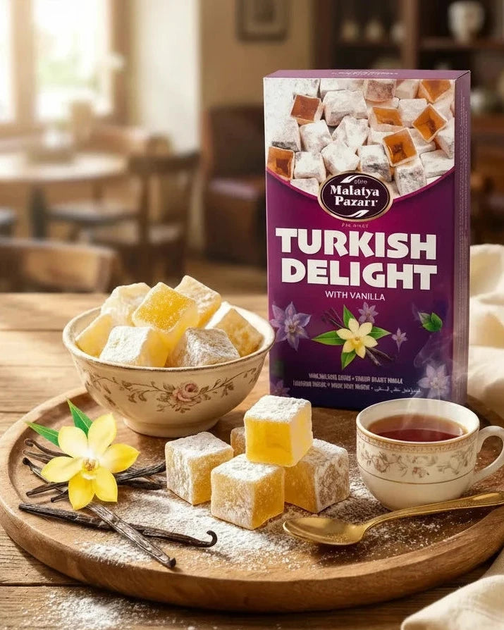 Turkish delight with vanilla packaging on a wooden tray with a cup of tea and vanilla beans.