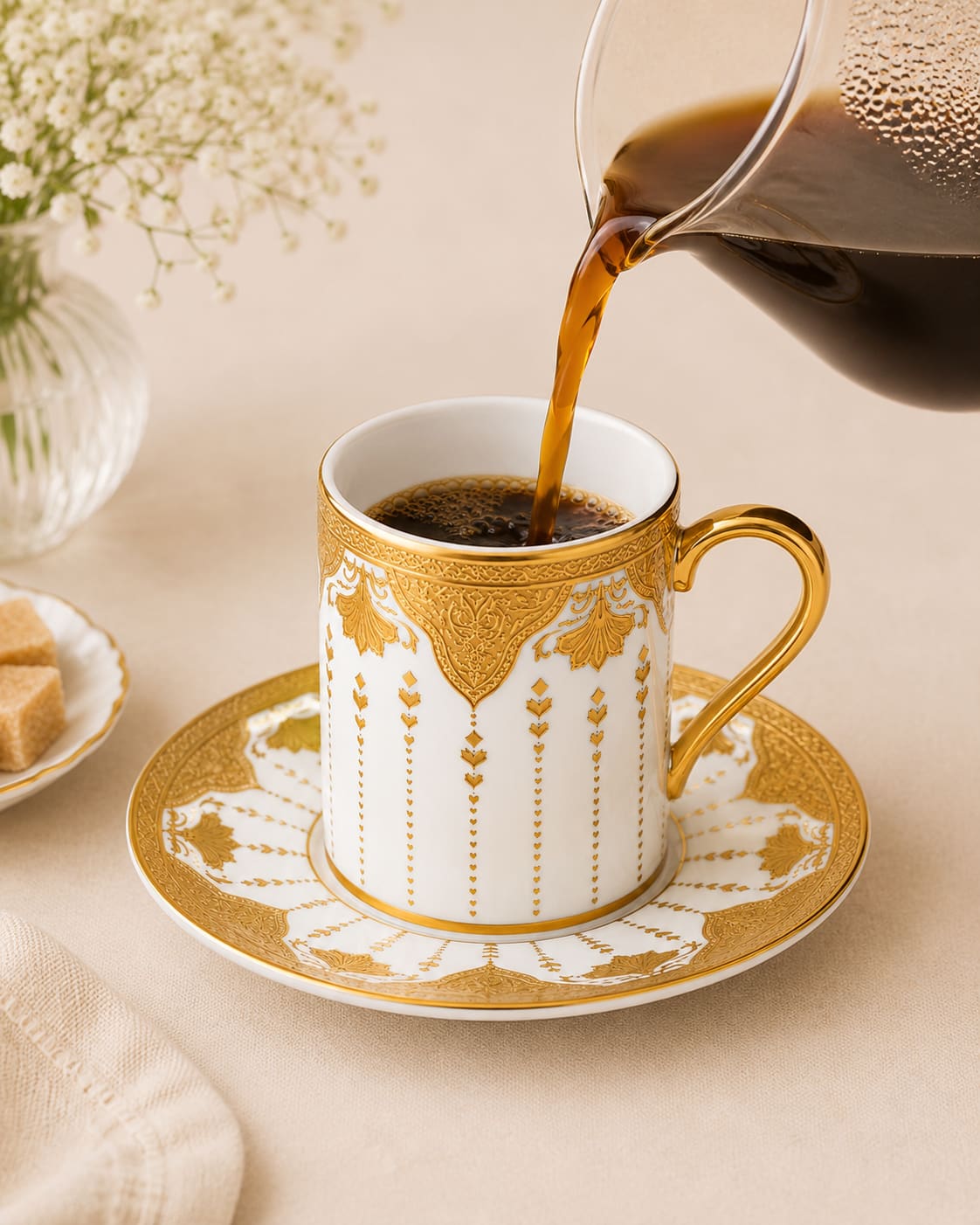 ACAR Allura 6-Person Porcelain Coffee Cup & Saucer Set (90 ml) – White with Gold Trim