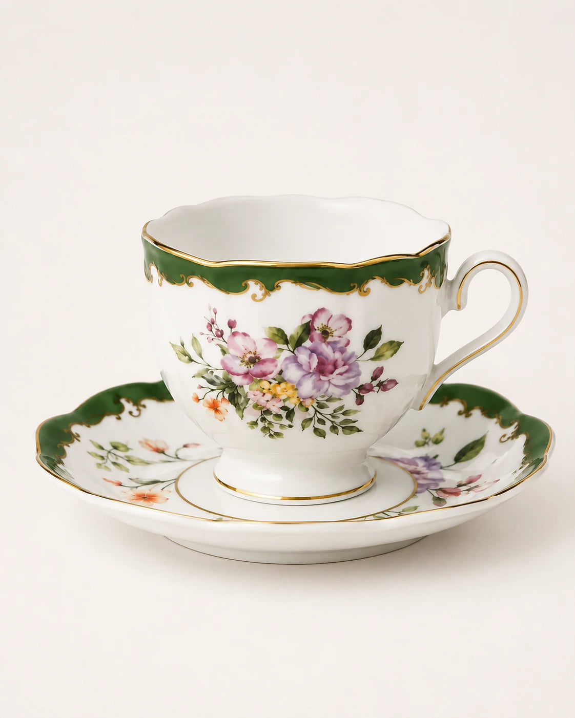 ACAR Clara 6-Person Porcelain Tea Cup and Saucer Set – Emerald Green, Rose Gold & Berry Pink (220 ml)