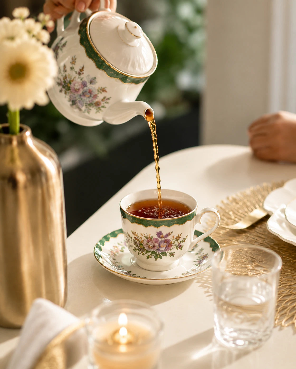 ACAR Clara 6-Person Porcelain Tea Cup and Saucer Set – Emerald Green, Rose Gold & Berry Pink (220 ml)