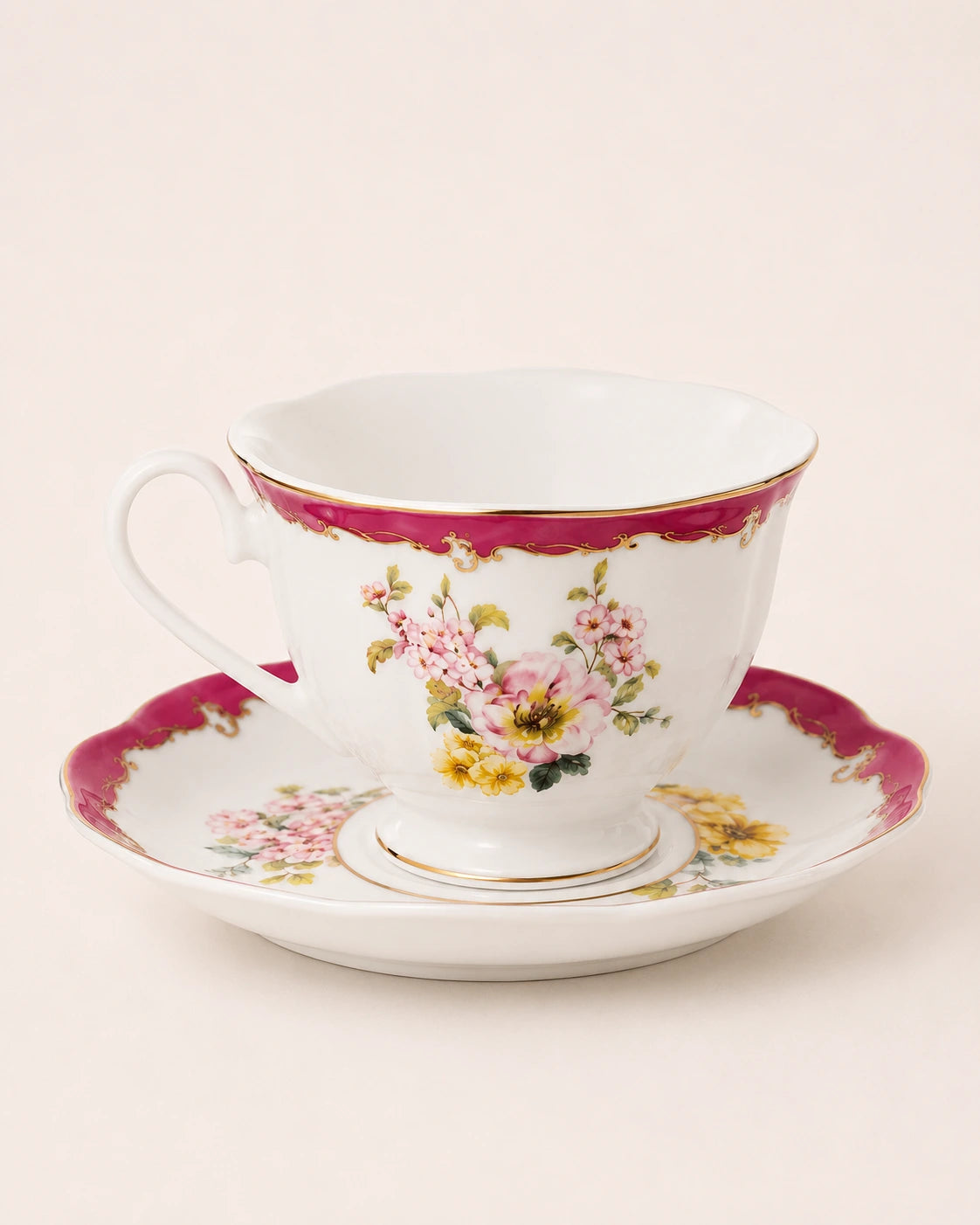 ACAR Clara 6-Person Porcelain Tea Cup and Saucer Set – Emerald Green, Rose Gold & Berry Pink (220 ml)