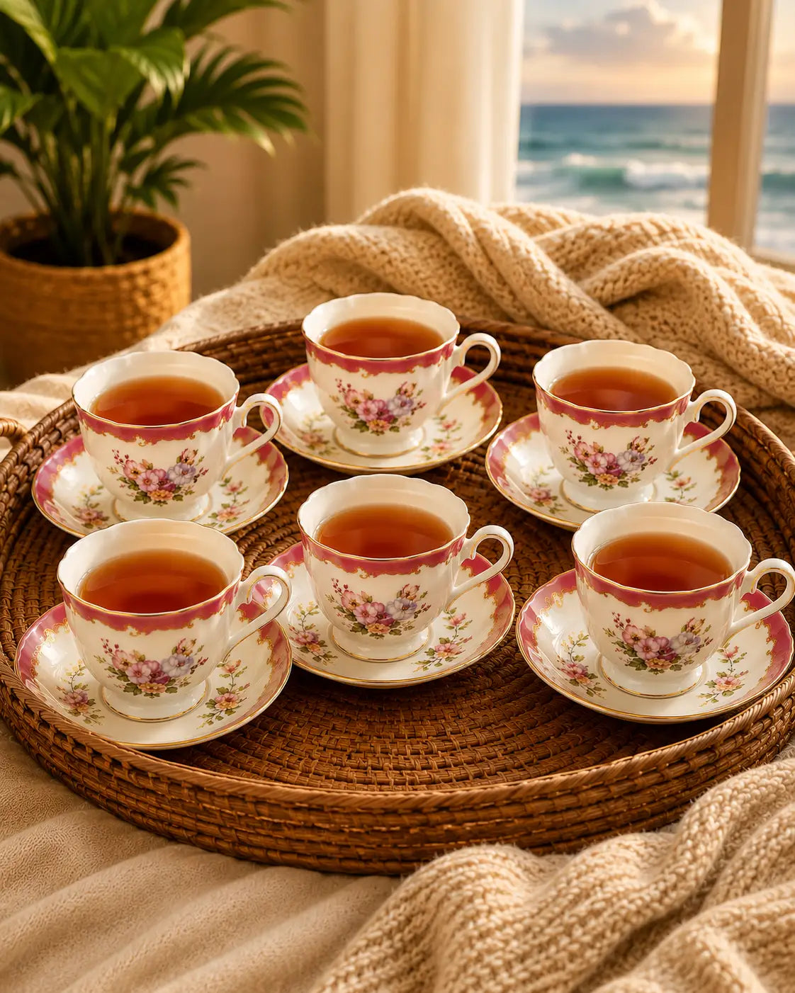 ACAR Clara 6-Person Porcelain Tea Cup and Saucer Set – Emerald Green, Rose Gold & Berry Pink (220 ml)