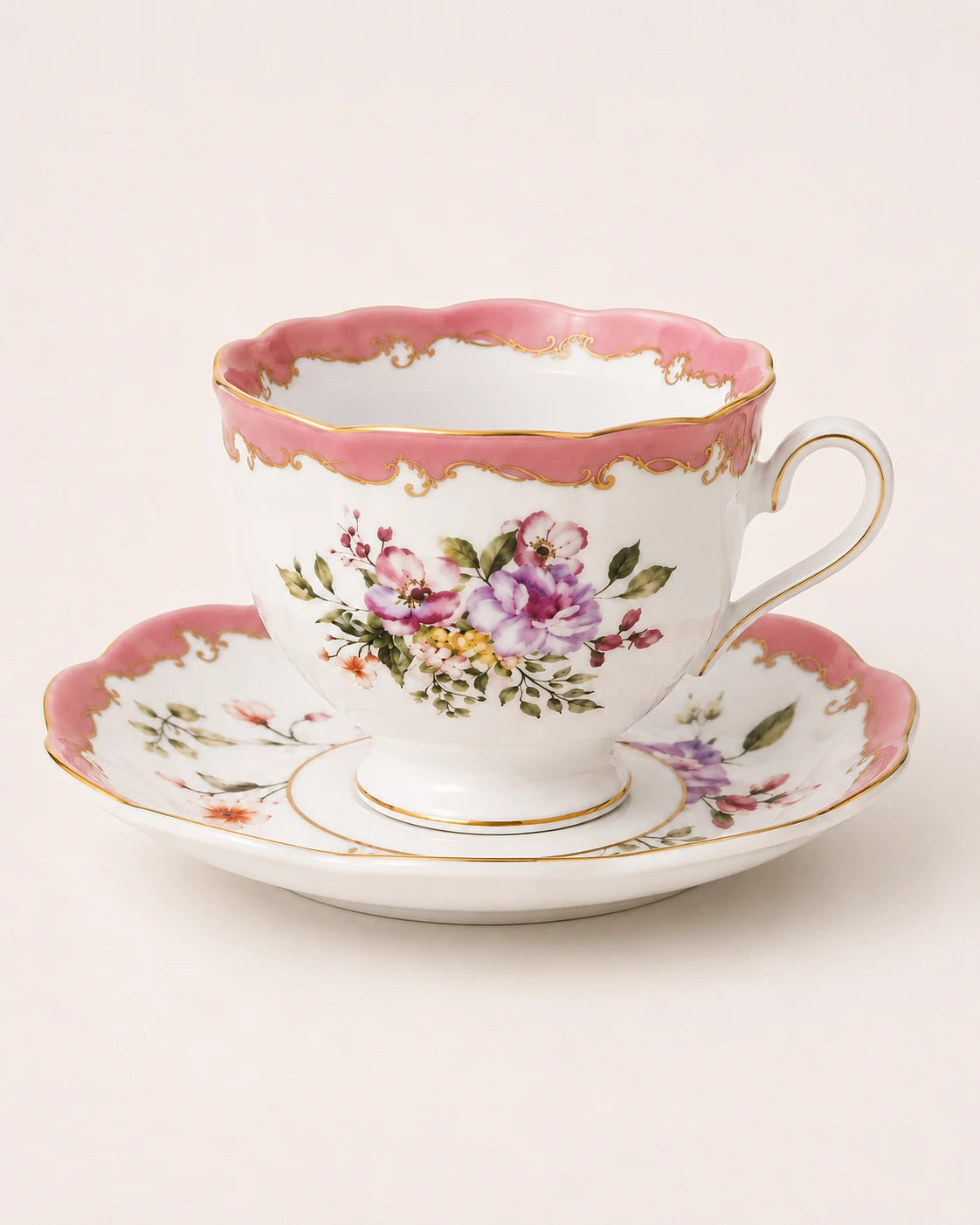 ACAR Clara 6-Person Porcelain Tea Cup and Saucer Set – Emerald Green, Rose Gold & Berry Pink (220 ml)