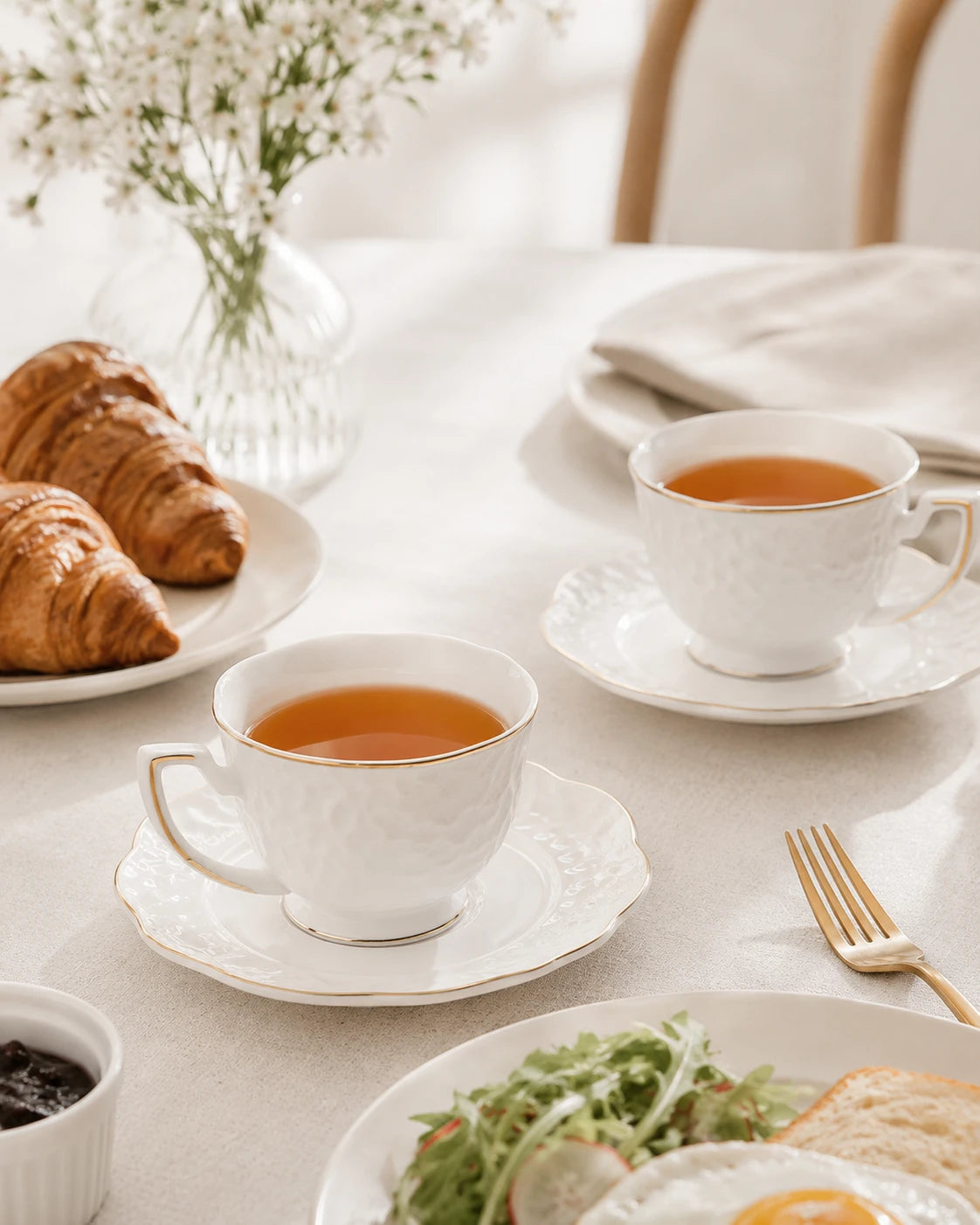 ACAR Octavia 6-Person Porcelain Tea Cup & Saucer Set (90 ml) – Gold or Silver Accents