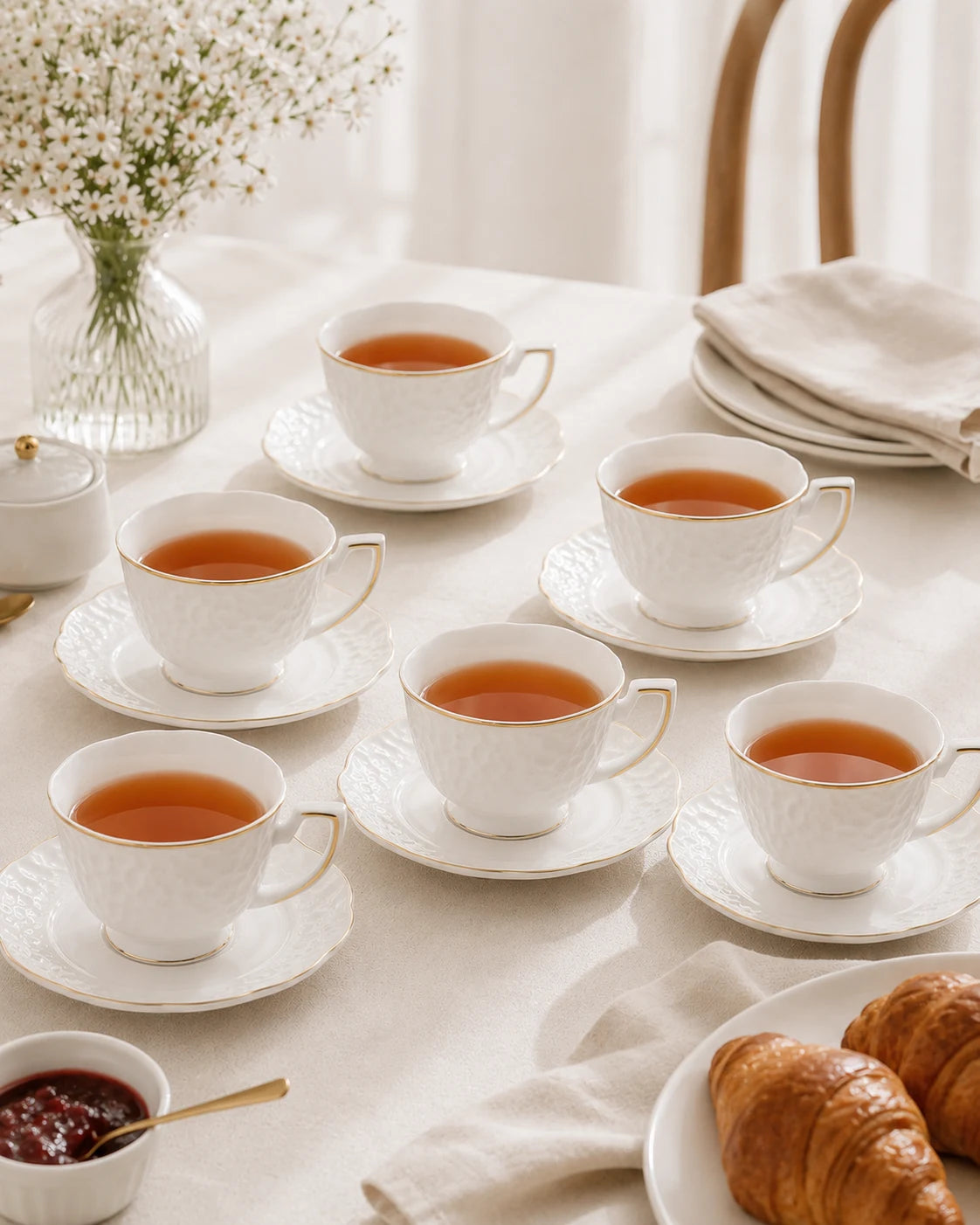 ACAR Octavia 6-Person Porcelain Tea Cup & Saucer Set (90 ml) – Gold or Silver Accents