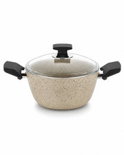 A speckled beige non-stick saucepan with a clear glass lid and black handles, shown on a white background.
