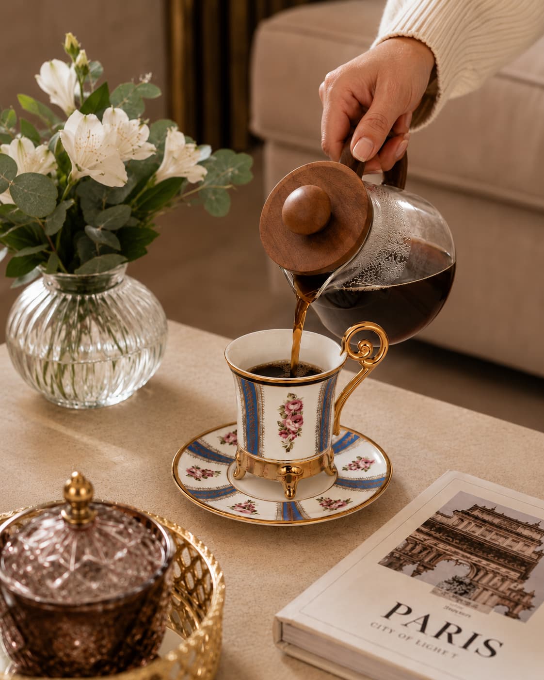 Kosova Briella 6-Person Porcelain Coffee Cup & Saucer Set (90 ml) – Multicolor with Gold Details