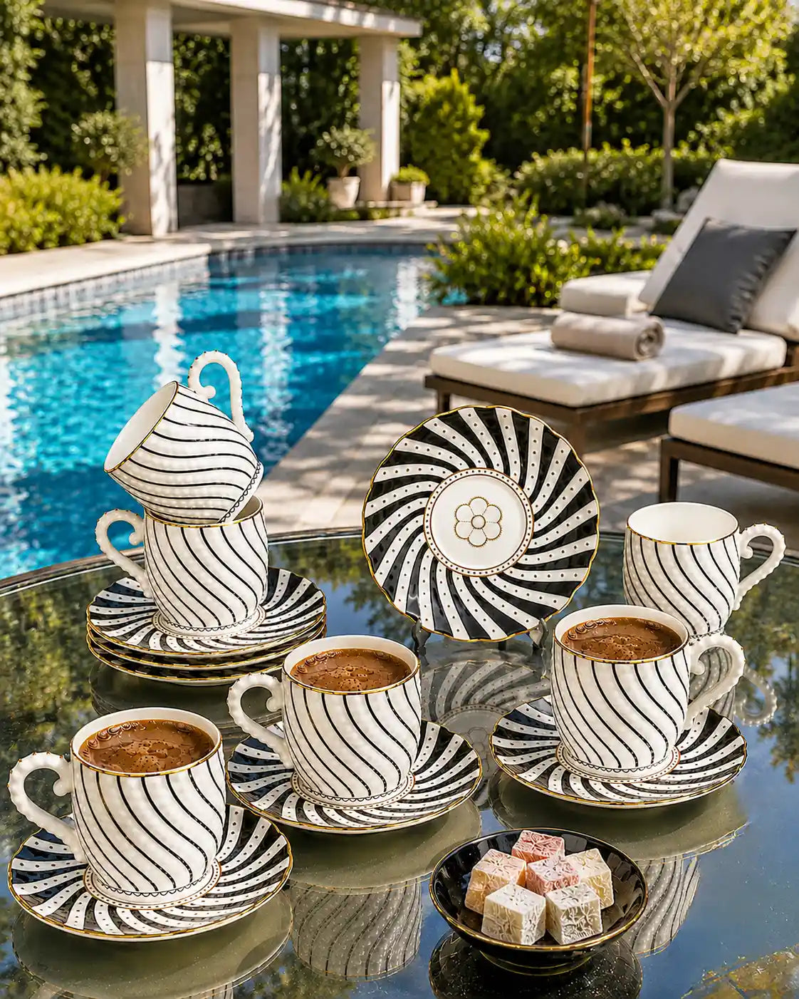 KOSOVA Dotted Black 6-Person Porcelain Coffee Cup & Saucer Set (100 ml)