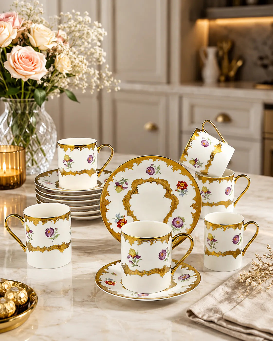 Kosova Elvis 6-Person Porcelain Coffee Cup & Saucer Set (90 ml)