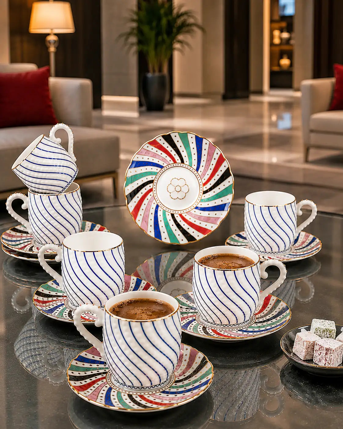 KOSOVA Dotted Rainbow 6-Person Porcelain Coffee Cup & Saucer Set (100 ml)