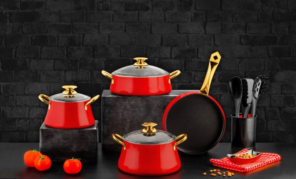 OZLIFE Lotus 7-Piece Red Granite Cookware Set