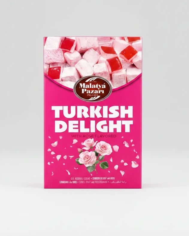Box of Malatya Pazari Turkish Delight with rose flavor on a pink background
