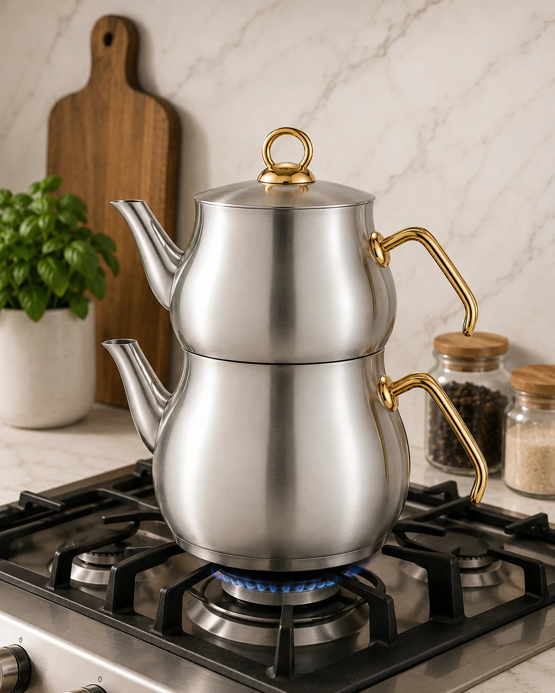 Ozlife Duru Plain Gold Stainless Steel Turkish Teapot Set – Medium & Family Sizes