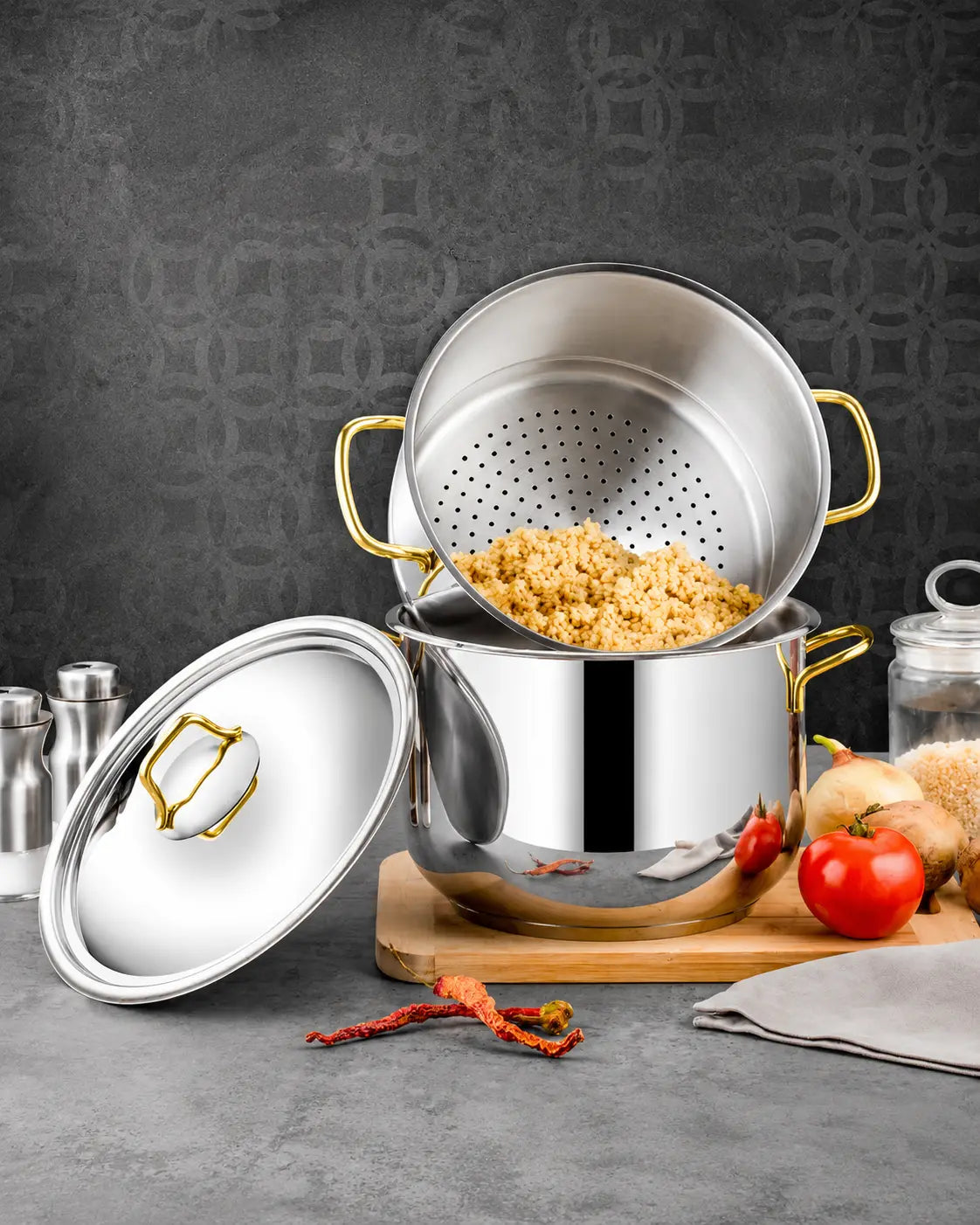 Özlife Ela 26 cm Stainless Steel Couscous Pot with Strainer