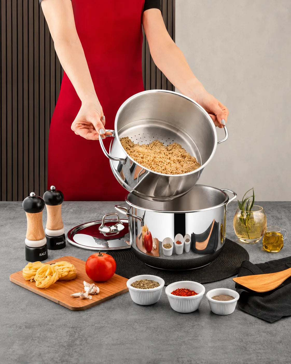 Özlife Ela 26 cm Stainless Steel Couscous Pot with Strainer
