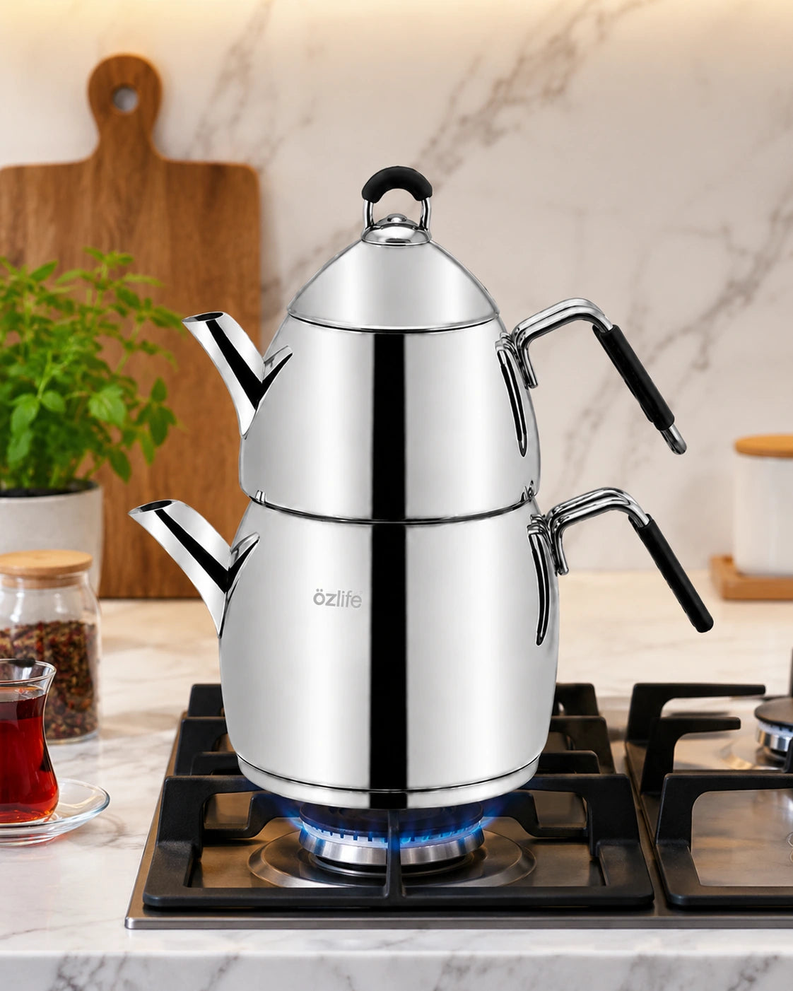 Özlife Emirgan Stainless Steel Teapot Set with Silicone Handles – Medium & Family Size