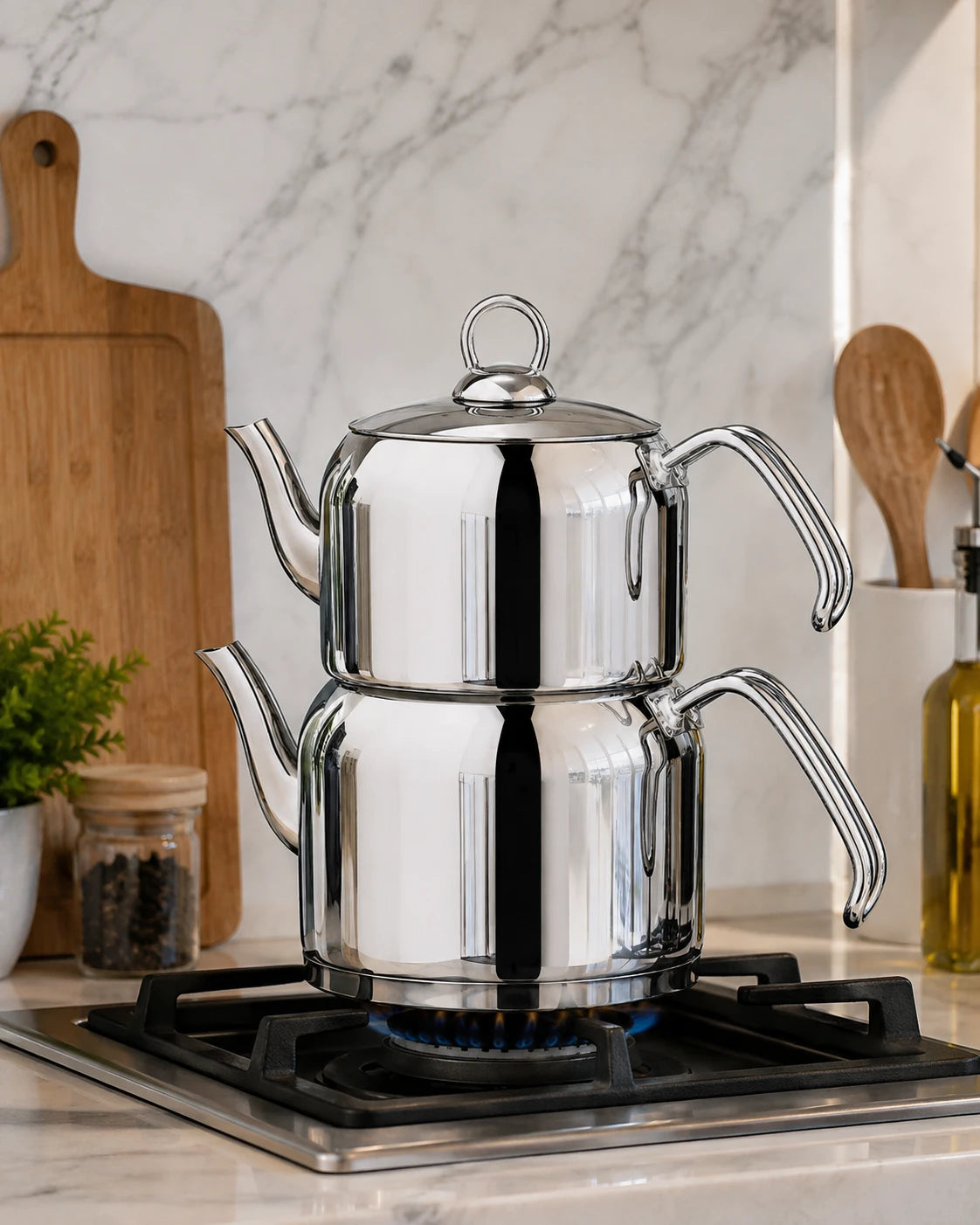 Özlife Huma Plain Stainless Steel Teapot Set – Medium & Family Size
