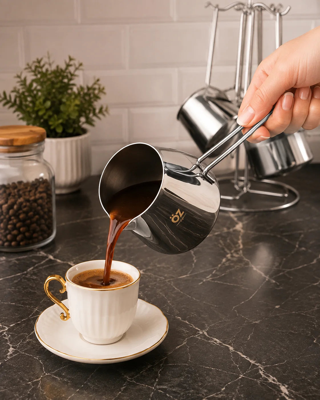 Özlife Huma Plain 3-Piece Stainless Steel Coffee Pot Set with Stand