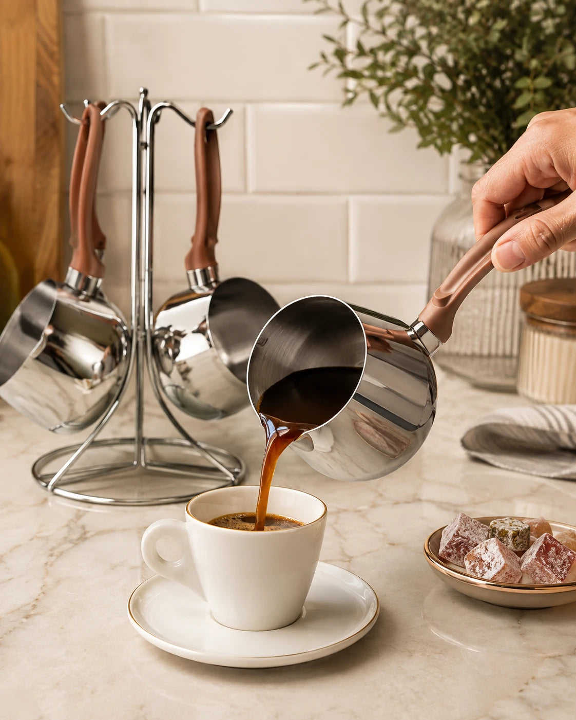 Özlife Lisa 4-Piece Stainless Steel Coffee Pot Set with Bakelite Handles