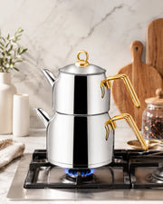 Özlife Luna XL Plain Gold Stainless Steel Turkish Teapot Set