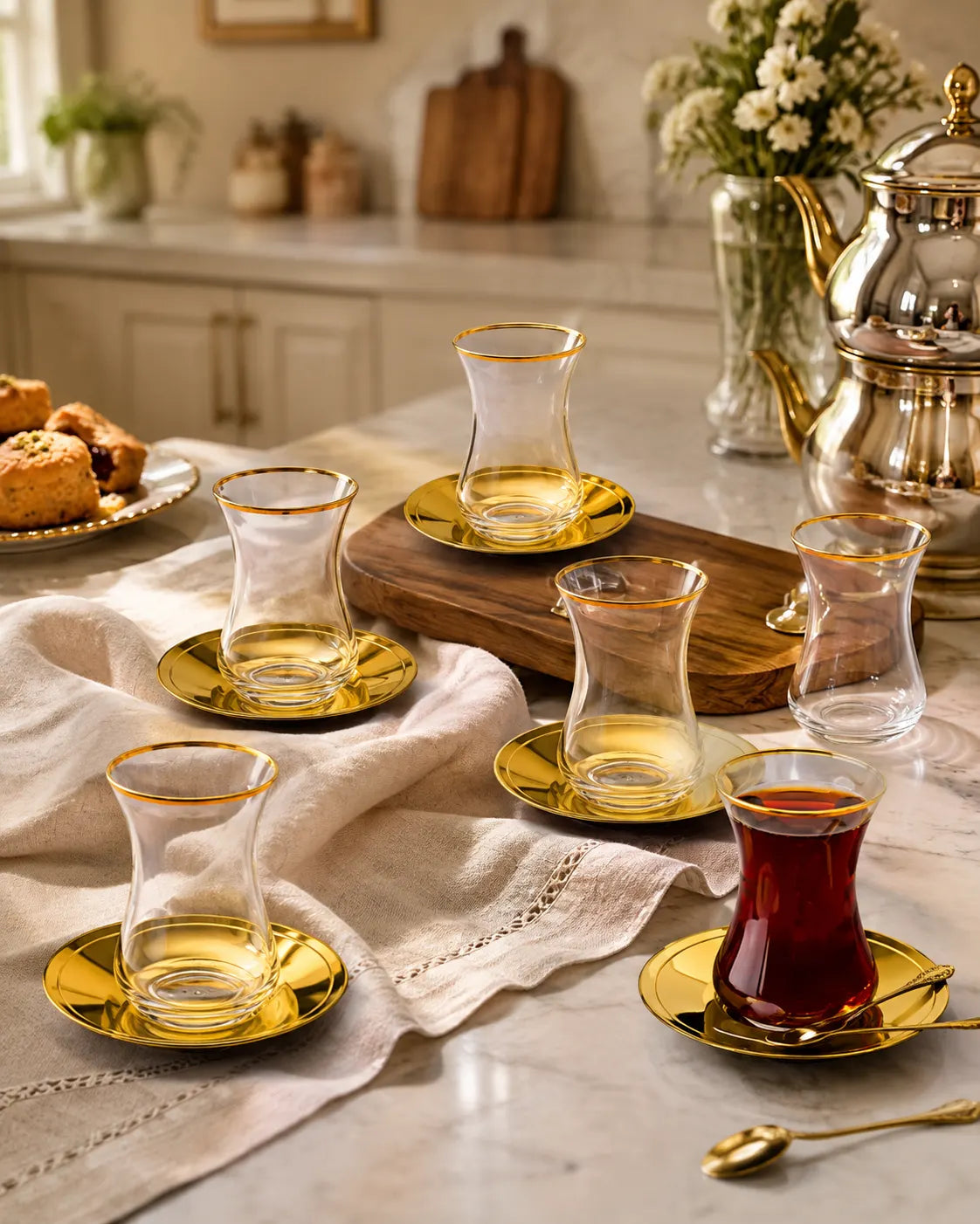 Ozlife Self Titanium Gold 12-Piece Turkish Tea Glass & Saucer Set