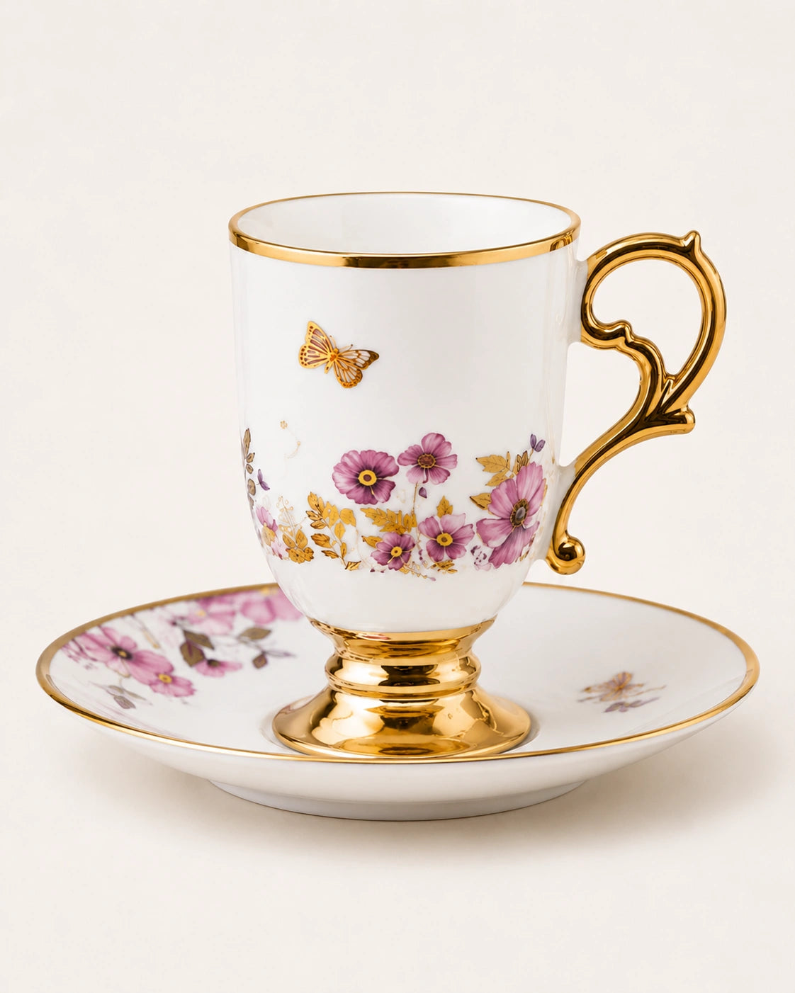 ACAR Parlin 6-Person Porcelain Coffee Cup & Saucer Set (90 ml) – Grey & Pink