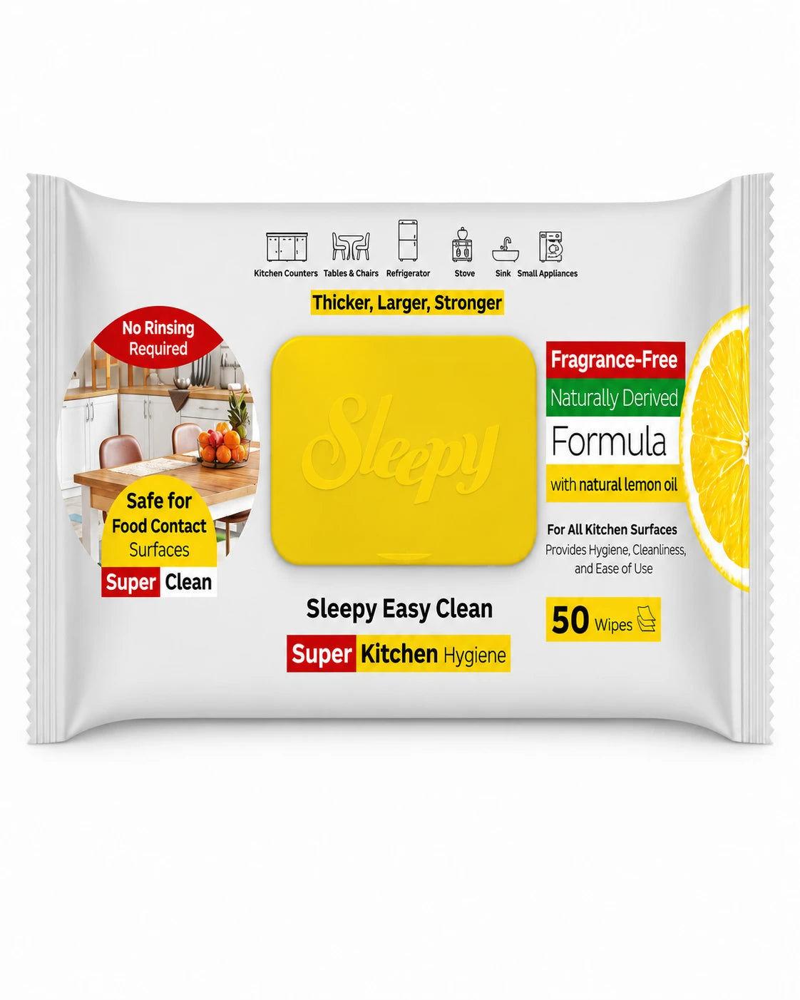 Sleepy Easy Clean Kitchen Cleaning Wipes – Natural Lemon Oil, Fragrance-Free - 50 Wipes