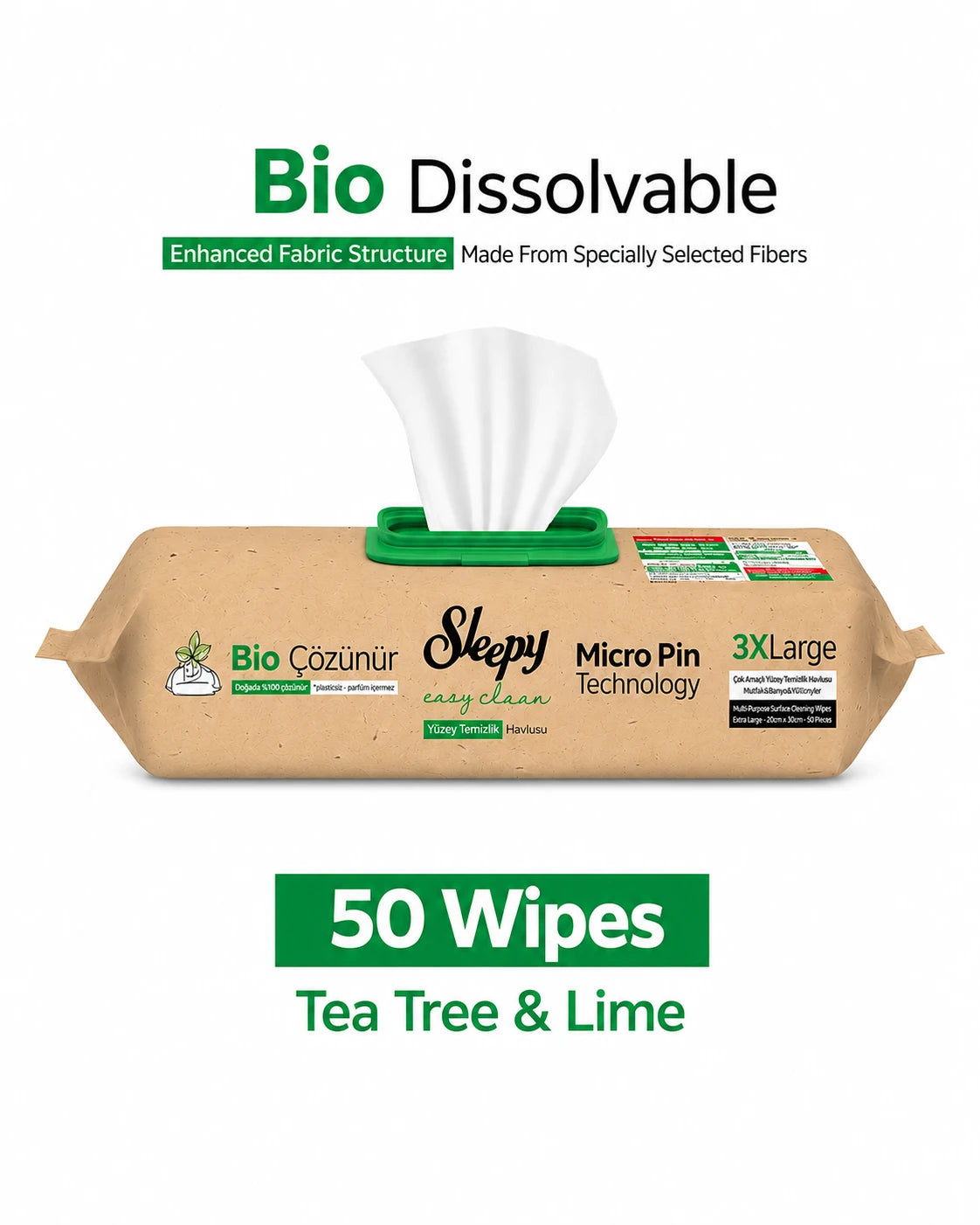 Sleepy Mop Multipurpose Surface Cleaning Wipes – Bio Dissolvable – Tea Tree & Lime – 50 Wipes